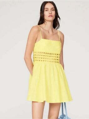 Yellow Eyelet Mini Dress - Sleeveless Square Neck